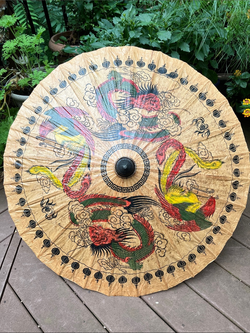 Vintage Antique Hand-Painted Dragon Paper and Bamboo Parasol